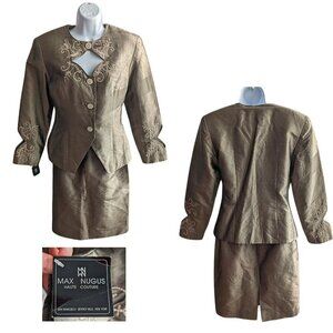 Rare NWT Vtg Y2K MAX NUGUS Haute Couture Bronze Art Deco Silk Skirt Suit Sz 8